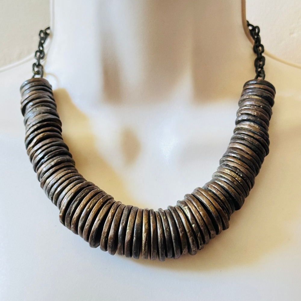 Anthropologie Pam Hiran Brass Metal Necklace Statement Disc Beads Collar Mod